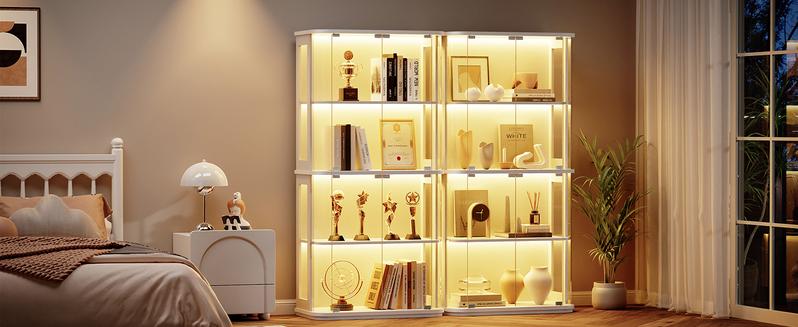 BROTTAR 65" Rounded Display Cabinet with Glass Door, 4-Tier Curio Cabinet with Transparent Full-Display Surface, Glass Display Case with 3 Color Lights for Collectibles, Human Body Sensor, White