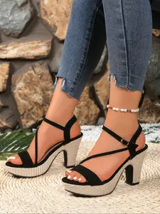 Women's Fashionable Solid Color Ankle Strap Espadrilles, Casual Comfortable Buckle Strap High Heel Wedge Platform Sandals for Beach Vacation, Female All-match Shoes for Daily Wear, Girl, Espadrille Wedges