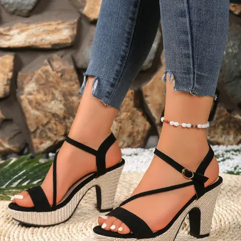 Women's Solid Color Ankle Strap Espadrilles, Casual Comfortable Buckle Design Wedge Strap High Heel Platform Sandals for Beach Vacation, Strappy Platform Wedges, Espadrille Wedges, Espadrille Wedge Heels