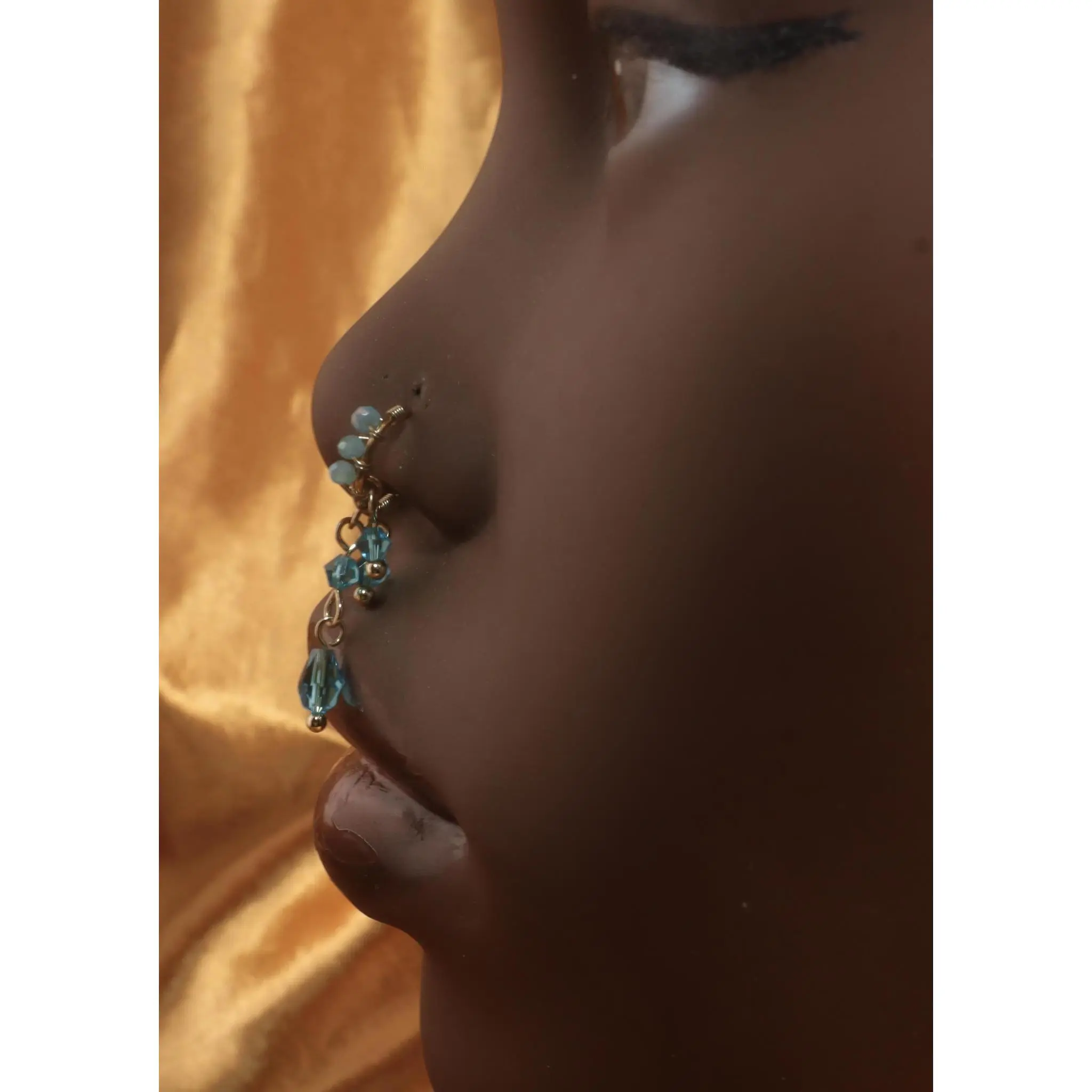 Crystal Blue Dangle Bead Nose Ring Cuff