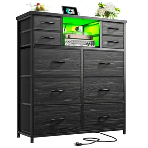 【SUMMER Vibes】Raybee Furniture 10 Fabric Drawers Dresser for Bedroom, with Charging Station & LED Light Strip, Sturdy Construction Bedroom Dresser for Storage, Closet, Hallway,Easy to Assemble, Suitable for apartments & Small room space, Black