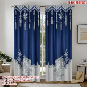 Blue Floral Print Semi-Transparent Door Curtain Set, Boho Style, Polyester Material, for Bedroom Living Room Office