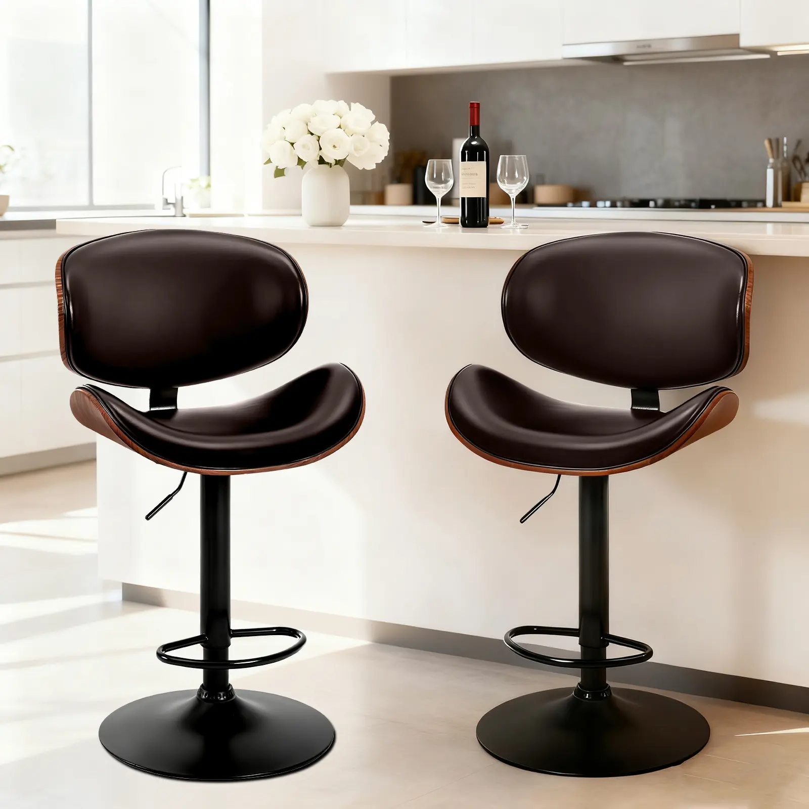 Rustic Bar Stools Set of 2, Adjustable Bentwood Kitchen Counter Stools with PU Leather Upholstered Back and Footrest, Modern Bar Chairs for Bar, Kitchen, Dining Room