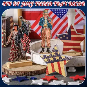 Chunful 4 Pcs 4th of July Patriotic Tiered Tray Decor Memorial Day Independence Table Decorations Farmhouse Stars Centerpiece Wood Signs Lady Liberty Signs Standing Blocks Red White Blue (Flag)