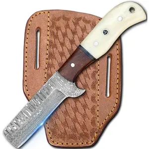 Cowboy Knives with Leather Sheath - 8" Sharp Handmade Damascus Bull Cutter Knife - EDC Fixed Blade Hunting Knife for Skinning, Camping, Bushcrafting and Outdoor Activities