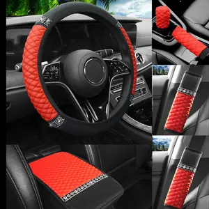 6PCS Three-Dimensional Embroidered Artificial Diamond Glitter Fashion PU Leather Non-slip No Inner Ring Car Steering Wheel Cover Set Fit For 37-38CM Steering Wheel Car Accessories