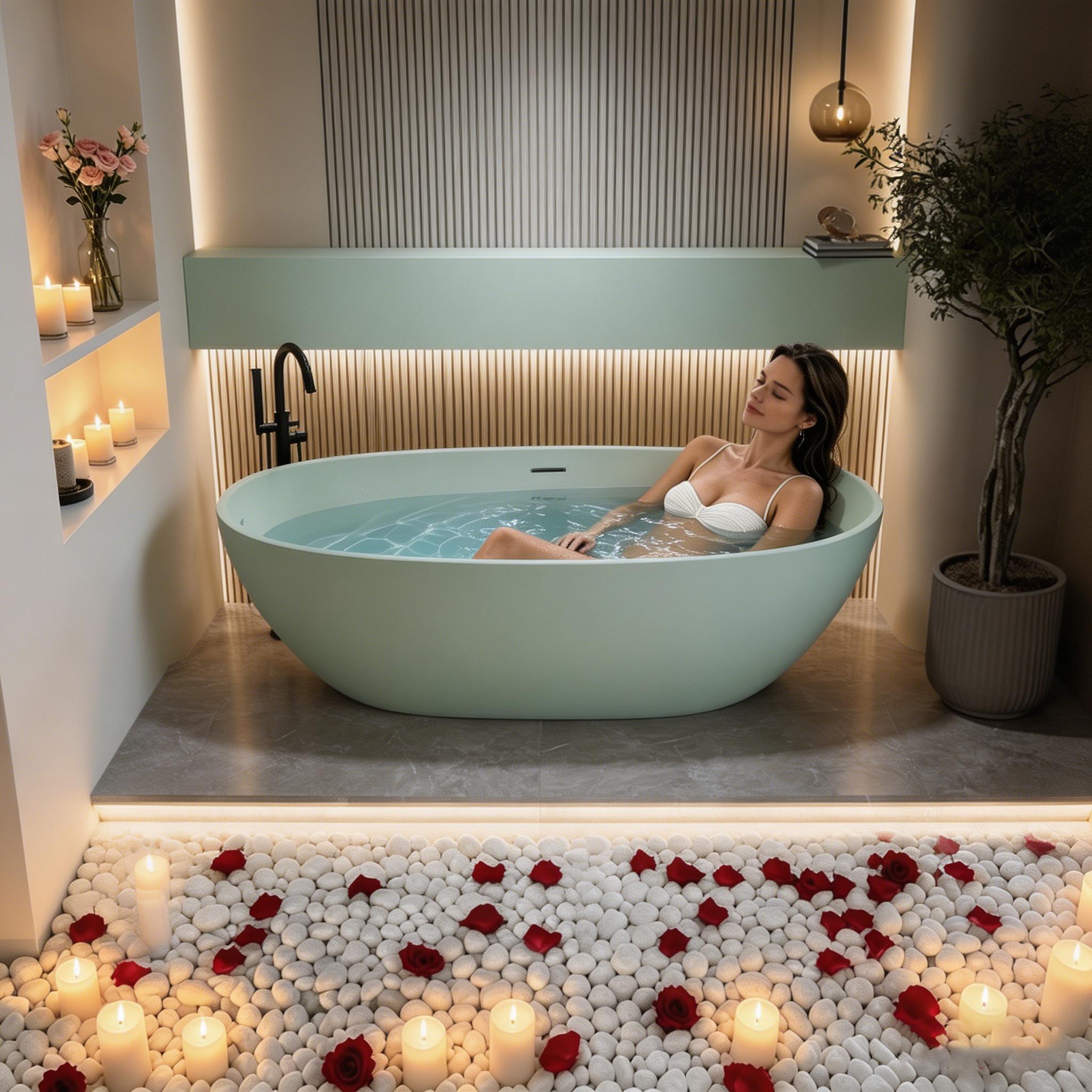 55' Freestanding Bathtub Resin Stone Soaking Bathtub Solid Surface Modern Tubs with Overflow and Pop-up Drain