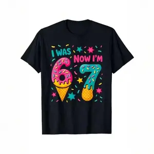 7th Birthday T-Shirt - "I Was 6, Now I'm 7" Boys' And Girls' Clothing For Ages 6 To 7 Featuring The Number 7 And Ice Print Design With ice cream and digital patterns - a soft and breathable round-neck casual T-shirt, suitable for boys and girls aged 7 - a