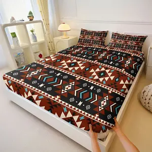 3PcsSouthwestern Tribal Print Fitted Sheet Set, Native American Inspired Bedding Set with Geometric Pattern,Soft Microfiber for Bedroom Decor, King/Queen/Full Size Options Available, Includes 2 Pillowcases, No Pillow Core