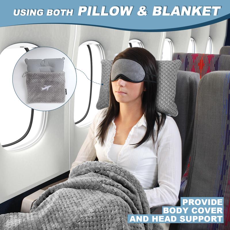 3 in 1 Travel Blanket Pillow Set - 350/280 GSM Thick Travel Blanket Airplane Compact with Bag, Soft Bag with a Pocket, Inflatable Travel Pillow for Camping & Car Trip