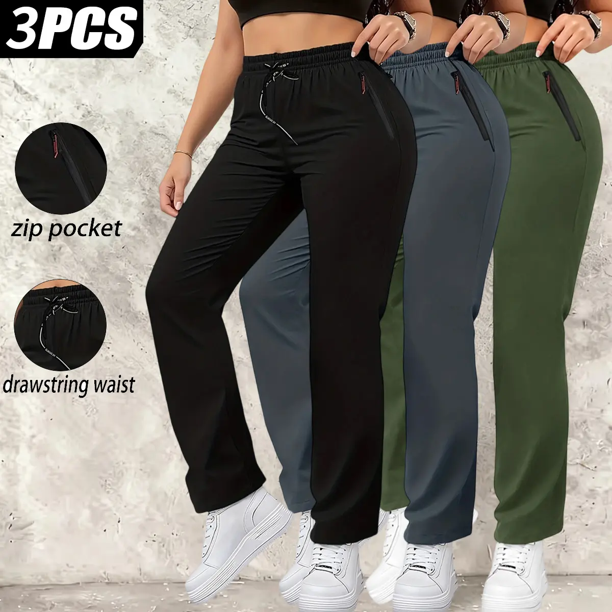 Women's Pants 3-Pack, Casual Solid Color Long Trousers with Multiple Pockets for Outdoor and Autumn Wear, Women's Pants Multi Pack, Polyester Clothes, Pants For Women