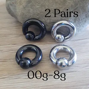 2 Pairs Black Silver 316L Surgical Steel Spring Loaded Captive Bead Ring Septum Ear Plug Horseshoes Gauges 00g 0g 2g 4g 6g 8g big stretched