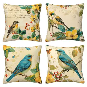 Spring Pillow Cover, Summer Farmhouse Style Pillow Cover, Flower and Bird Decorative Cushion Cover, Suitable for Sofa, Outdoor Bedroom 4-piece Set, Double sided Printing