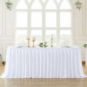 White Polyester Table Skirt for 6ft Rectangle Tables, Wrinkle-Resistant Pleated Ruffle Tablecloth with Easy Setup for Party & Event Decor