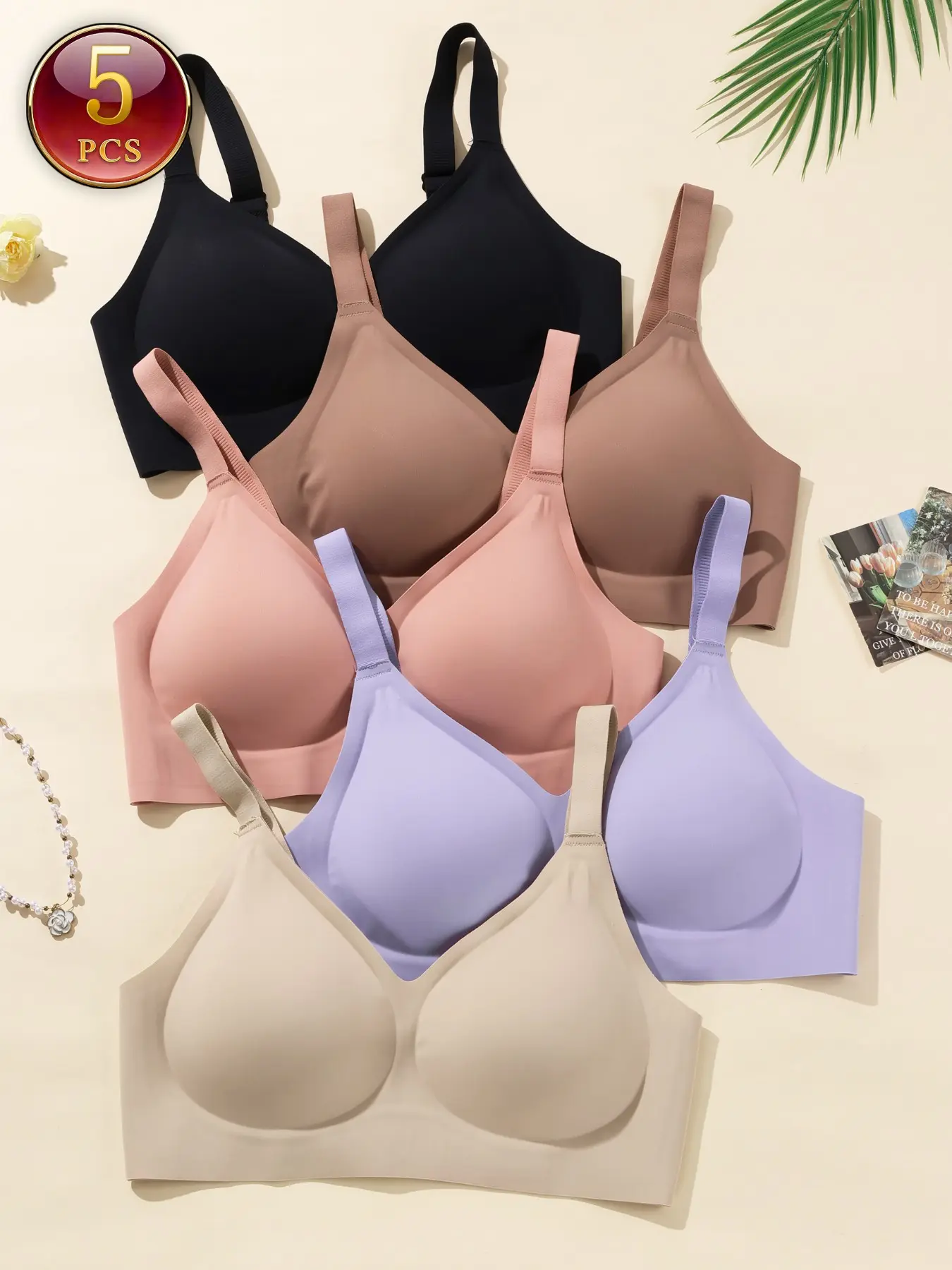 5 Pack Wireless Jelly Bra For Women Underwear, Cloud-Soft Seamless Fabric, Adjustable Wide Straps No Slipping, All Day Fit No Shifting, Multi Colors For Daily Rotation, Pack Bras