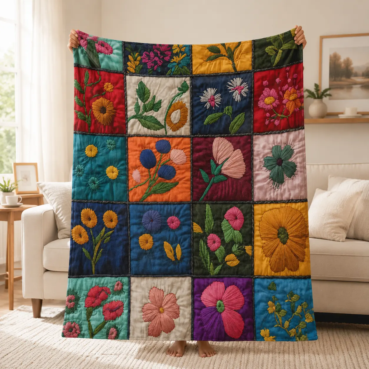 Vibrant Patchwork Embroidery Floral Quilt Style Throw Blanket Soft Flannel Cozy Blanket Cottagecore Farmhouse Home Decor Gift