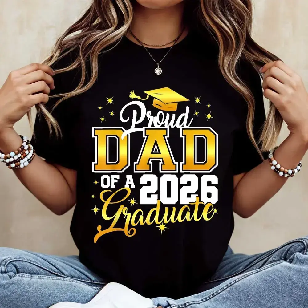 Men's Cotton Soft Fabric Short-Sleeve T-Shirt - Seamless Smooth Round Neck Menswear Top, Graphic Proud Dad Of A 2026 Graduate Graduation Cap Design For Graduation Celebration