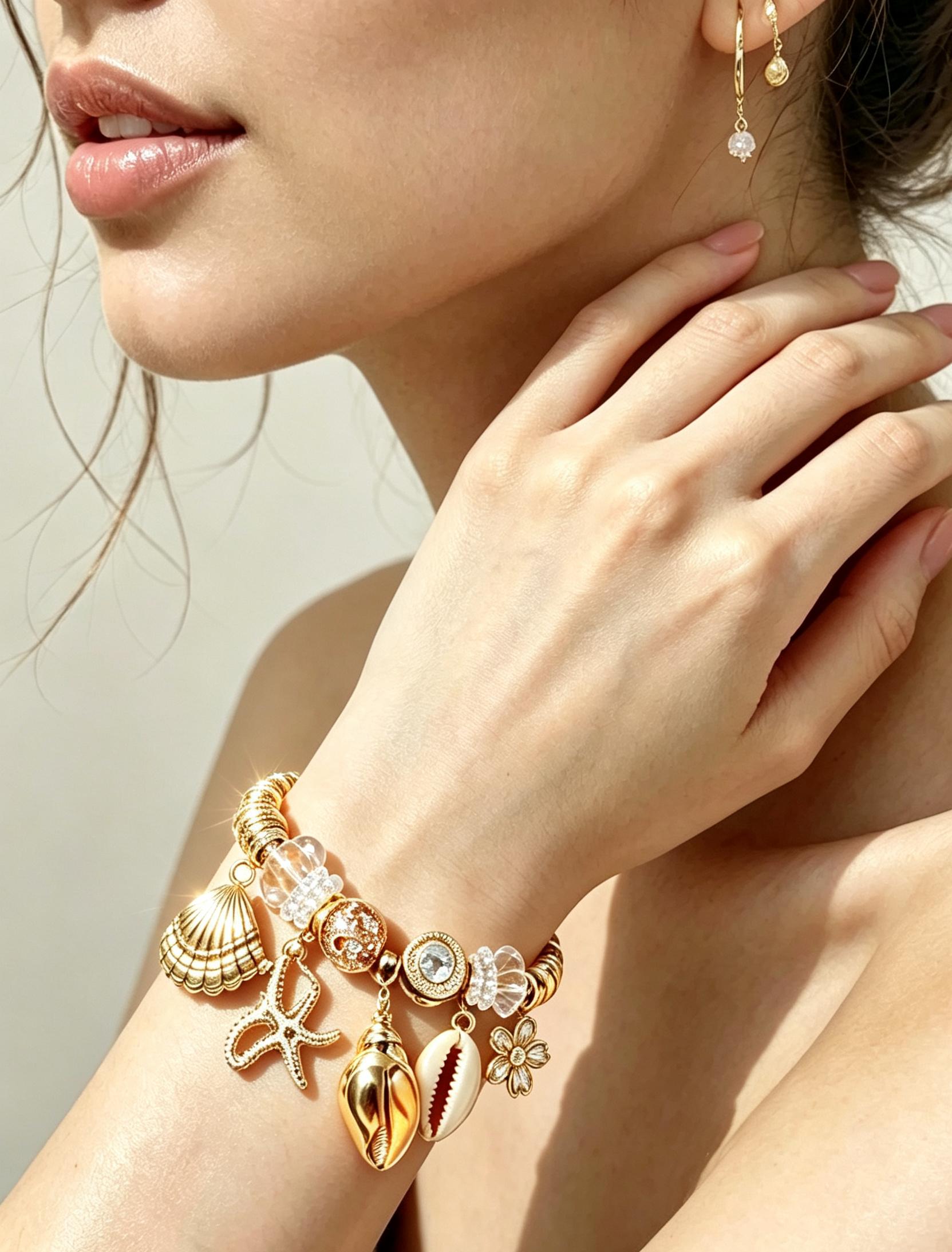 Gold Ocean Seashell Starfish Open Cuff Bracelet with Amber Crystal Beads Summer Beach Charm Bangle for Women