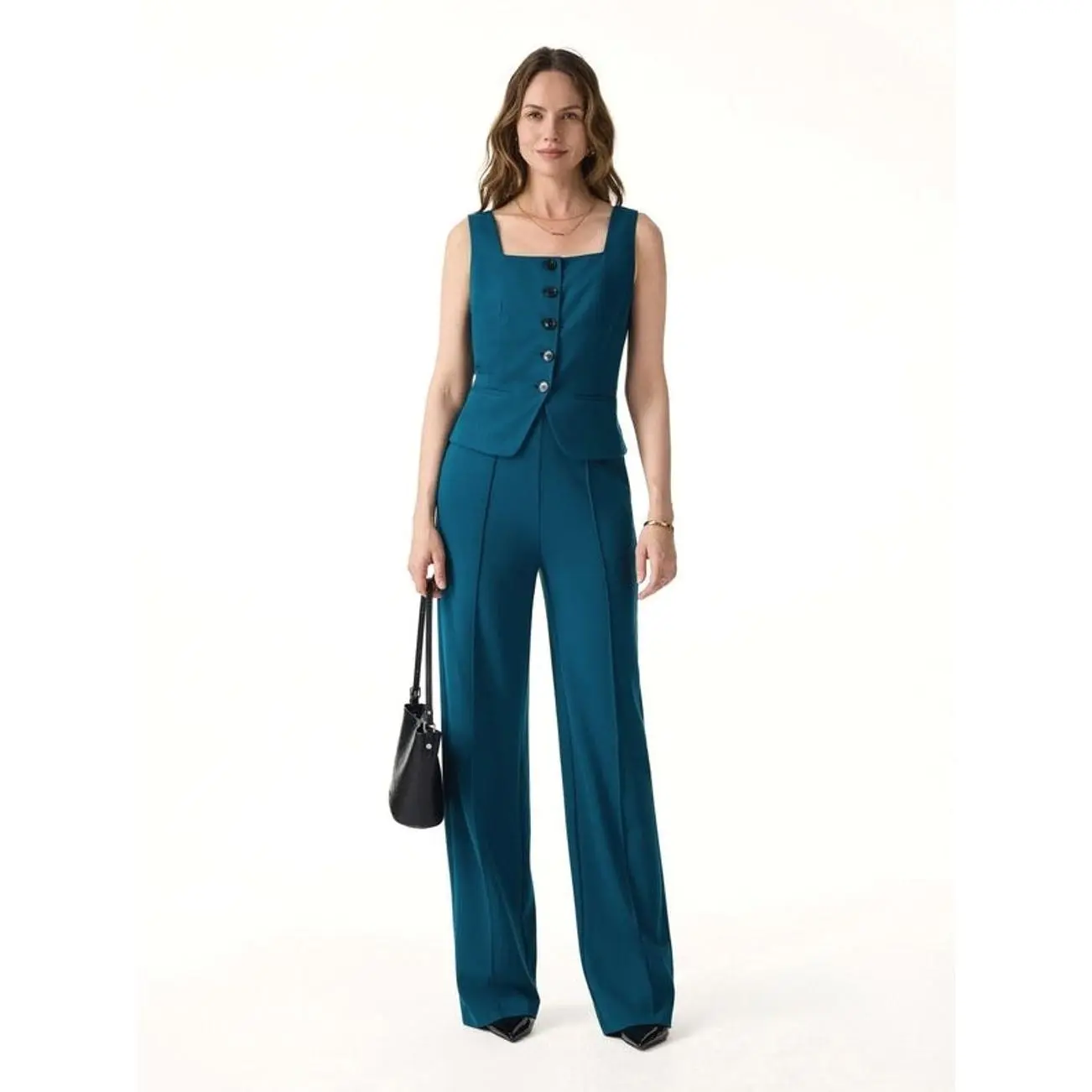 2Pcs Set Square Neck Waistcoat with Pockets & Wide Leg Ankled Pant