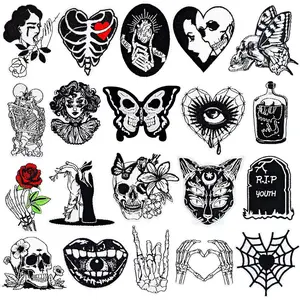 20 count Goth Iron on Patches Gothic Punk Embroidery Patches Sew on Skull Patch for Clothes Jackets Backpacks Bags