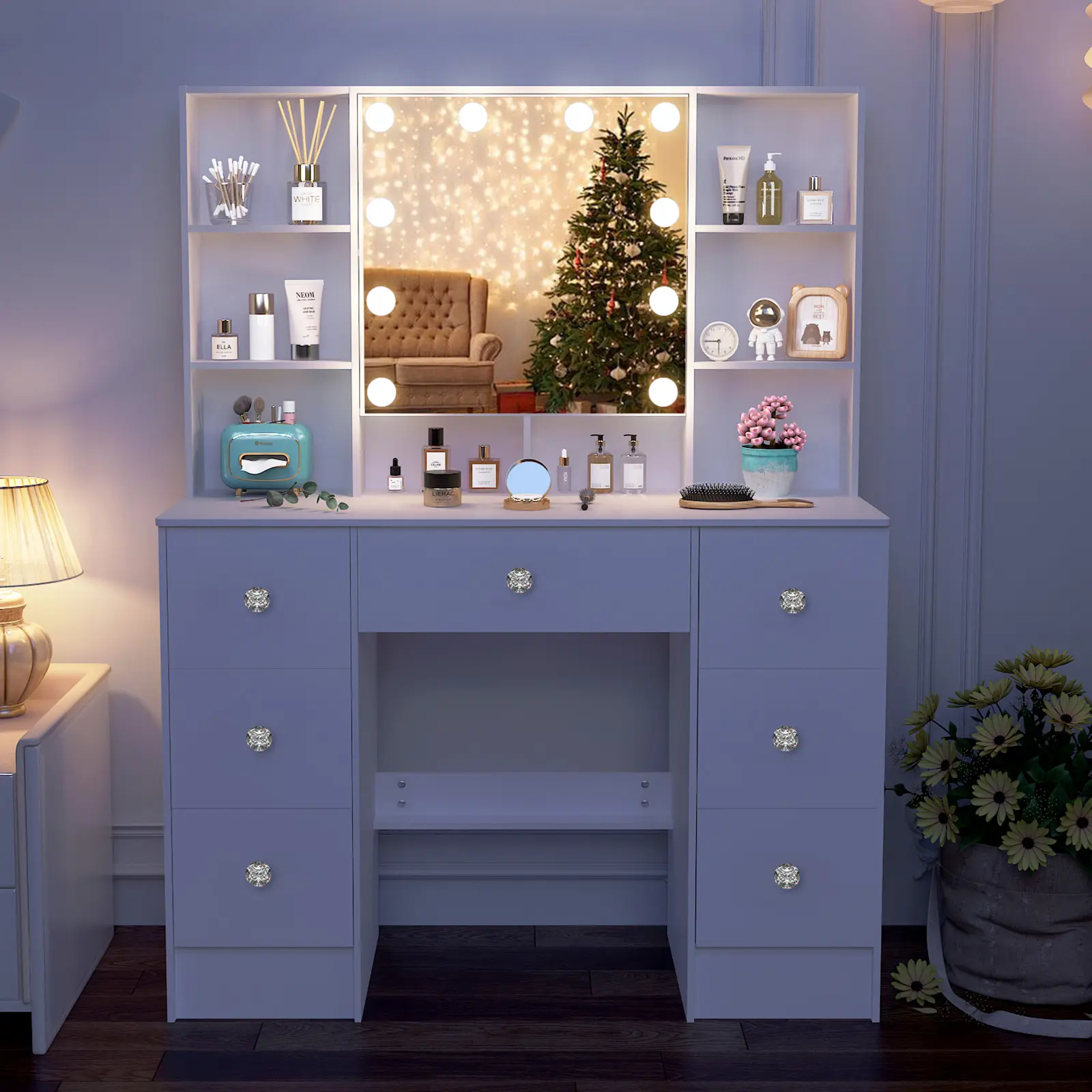 Bedroom white Large Vanity Set Makeup Desk Dressing Table with 7 Drawers and LED Hollywood Mirror Dimmable Lights Dresser Desk Storage - TikTok Shop Bedroom white Large Vanity Set Makeup Desk Dressing Table with 7 Drawers and LED Hollywood Mirror Dimmable Lights Dresser Desk Storage - TikTok Shop