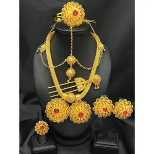 Ethiopian Wedding 24k Gold Color 6pcs Jewelry Sets For Women Dubai Flower Shape Nigerian Luxury Necklace Jewellery Set Gift