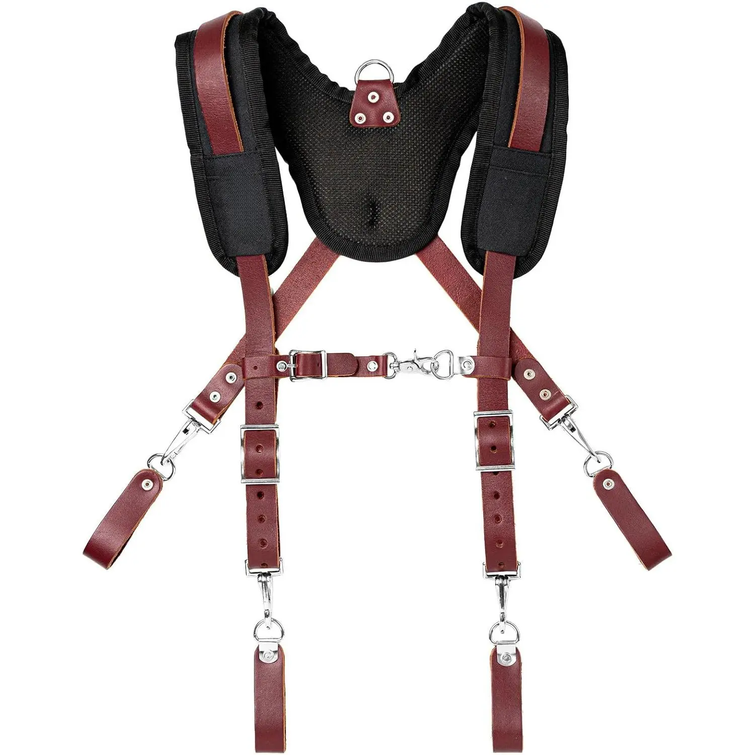 Leather Padded Tool Belt Suspenders Vest - 4-Piece Suspender Harness with 4 Hoop Hooks, Chest Strap, Pencil Sleeve, Fully Adjustable, One Size, Heavy Duty Construction Grade for Carpenter, Plumber, Handyman Climbing