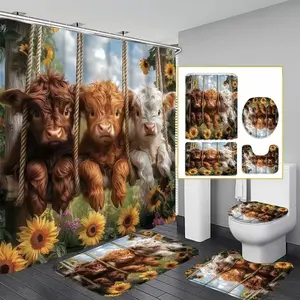 Cow Pattern Bathroom Decorations, 4 Countsset Including Shower Curtain & Toilet U-shape Mat & Bathroom Mat & Toilet Lid Cover, Bathroom Accessories