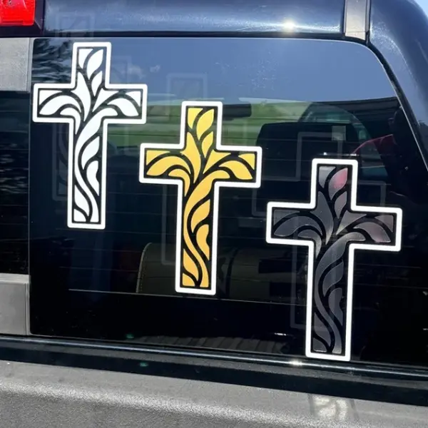 Two-tone modern clean-look Tooled Cross Christian Decal for Chevy, Ford, Dodge, GMC, Ram, Toyota, Jeep, Honda, Nissan, Subaru, Tesla, BMW, Audi, Kia & Hyundai Faith car, truck & SUV window vinyl sticker Church, Jesus, Bible, religious gift Made in USA.
