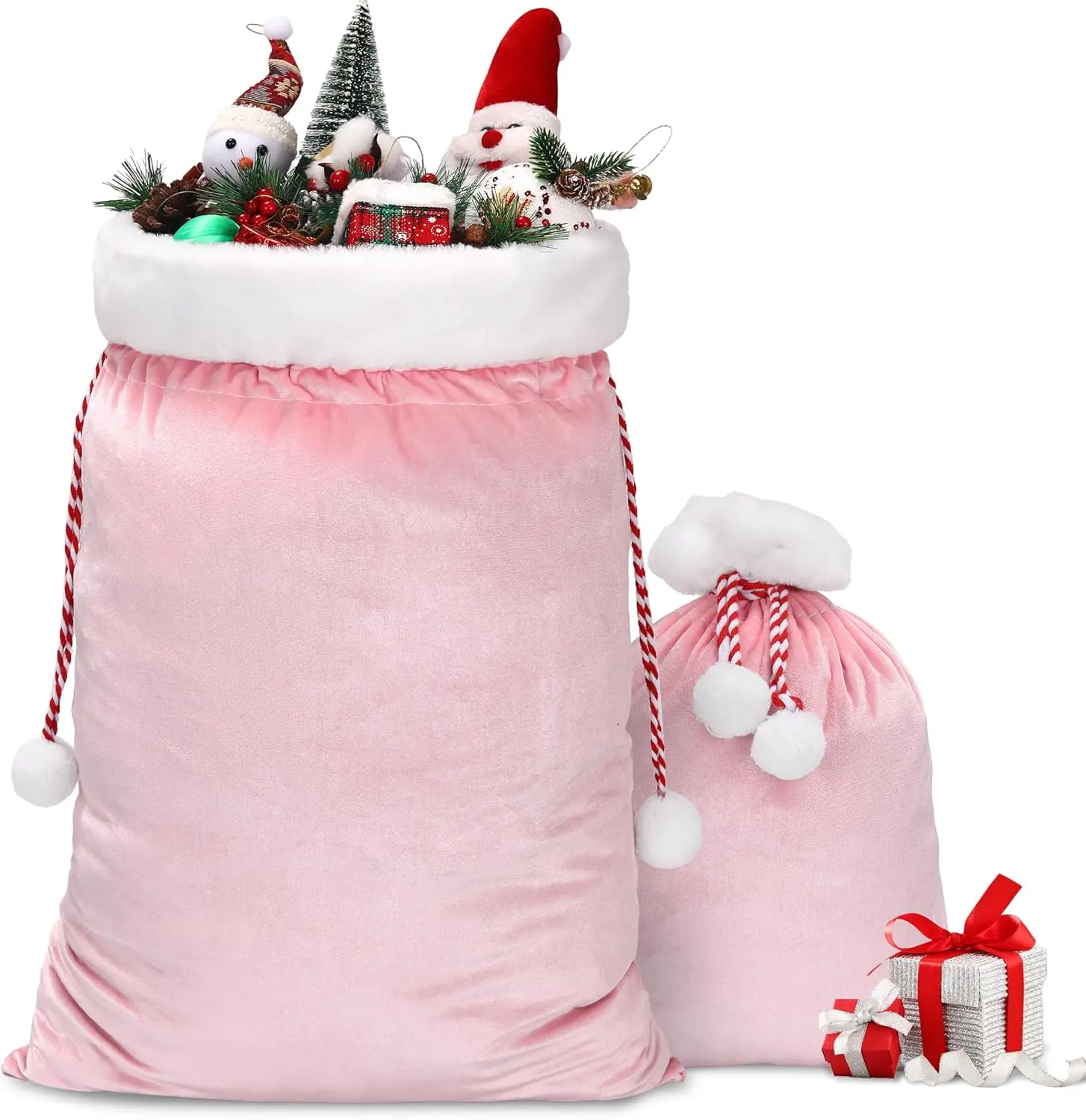 2 Pcs Christmas Velvet Drawstring Gift Bags - Large Plush Santa Sacks (2 Sizes) for Xmas Package Storage, Acrylic-Accent Festive Party Home Supplies Gift Basket, Gift Bag