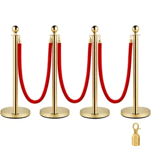 4-Piece Gold Stanchion Posts Set With 38-Inch Red Velvet Rope, Queue Barriers For Event Management, Crowd Control Line Rope Divider, Party Supplies, Wedding Reception Decor, Corporate Event Entrance System, Durable Gold Finish