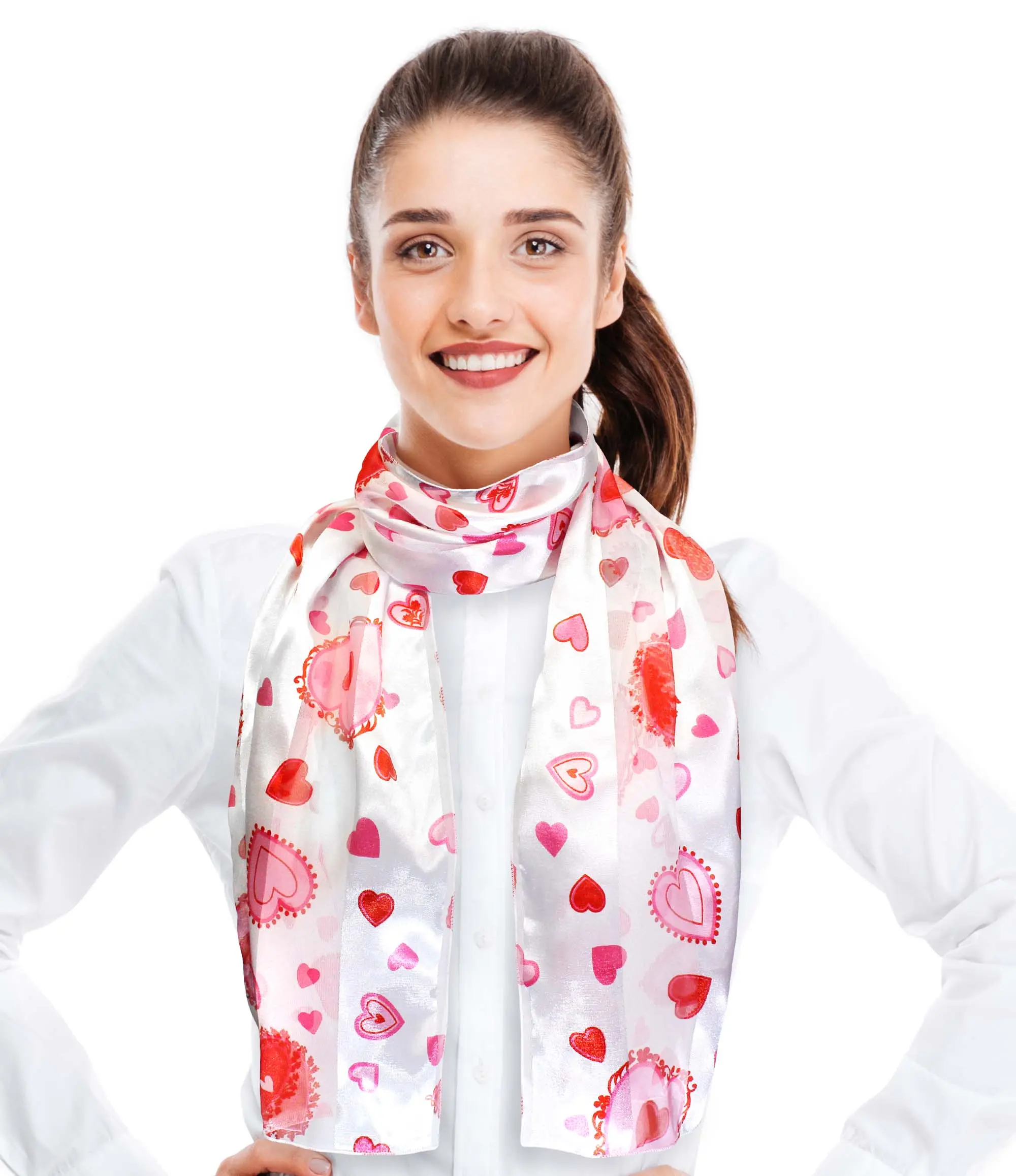 CBC Crown Women's Female Valentine's Love Print Silk-Feeling Scarf, Lightweight Hand Wash Everyday Fashion Accessory, Perfect Gift Scarf for All Seasons, 13"x60", Polyester, 13" X 60", Heart Print, One Size