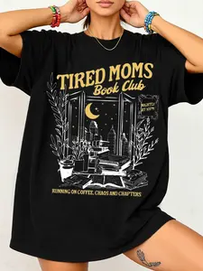 Women's Casual Loose Fit Round Neck Knit T-Shirt, Summer Window Book Print Design, Fitted Style for All Seasons, Comfortable Moderate Fabric, Chic, Streetwear