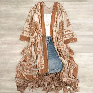 Regina Velvet Mesh Boho Kimono Beach Cover Up – Mid weight Duster Cardigan for Women