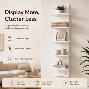5-layer white PVC wall shelf - Heavy duty floating shelf, no assembly required, self-adhesive installation, space-saving vertical storage unit, suitable for books, plants, artwork - Modern minimalist/Bohemian style decor, multi-functional plastic.