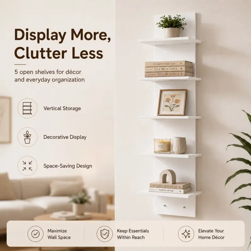 Five-tier white PVC wall shelf, heavy-duty floating shelf, self-adhesive wall-mounted storage shelf without drilling, Wall Organizer Shelf, suitable for displaying plants, books in bedrooms, home decor display shelf (Model: DM148)