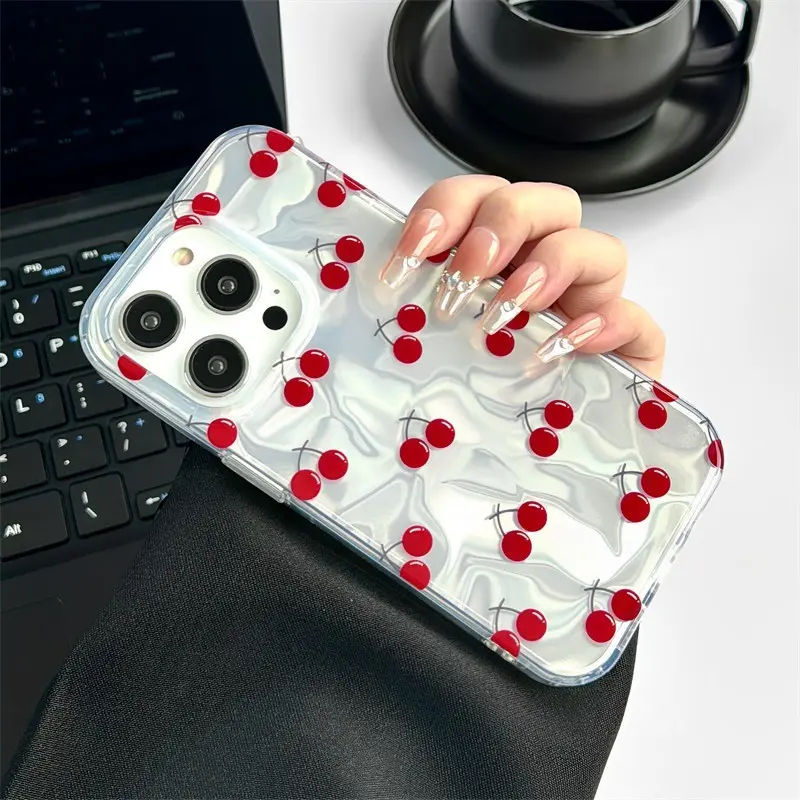 Kawaii 3D Cherry Anti-Scratch Print For iPhone 14 15 16 Plus 13 17 Pro Max Air 16e Smooth Metallic Accent Frame DropProof Gift for Family Mom Gilrfriend Holliday Aniversary