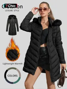 Women's Fall Winter Hooded Fitted Jacket, Casual Thicken Woven Fabric Coat, Warm Windproof Outerwear, Long Sleeve Zipper Design