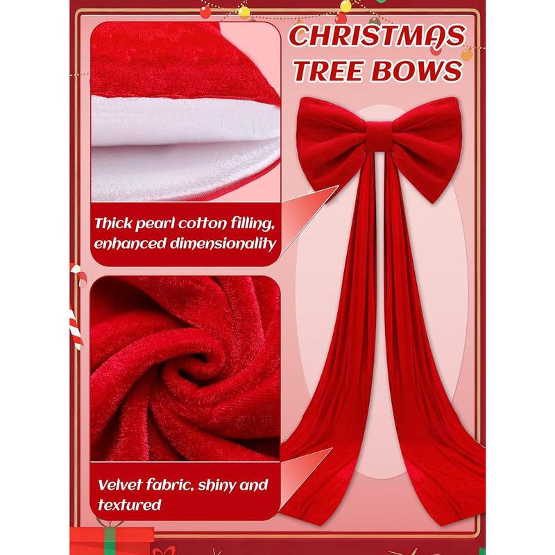 Giant Christmas Tree Topper Velvet Bow Decorations - 32x98in Large Plump & Structured Bows with Pearl Cotton Fill, Red Bow with Long Streamers for Indoor 6–7ft Christmas Tree Window Wall Decor