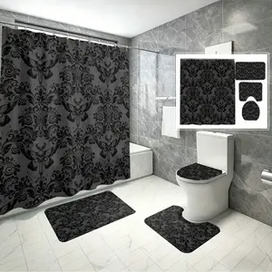 4pcs Gothic Skull Moth Damask Print Shower Curtain Set, Dark Vintage Floral Aesthetic, Spooky Halloween Bathroom Decor, The floor mat fabric is thicker and softer! Soft Floor Mat Fabric