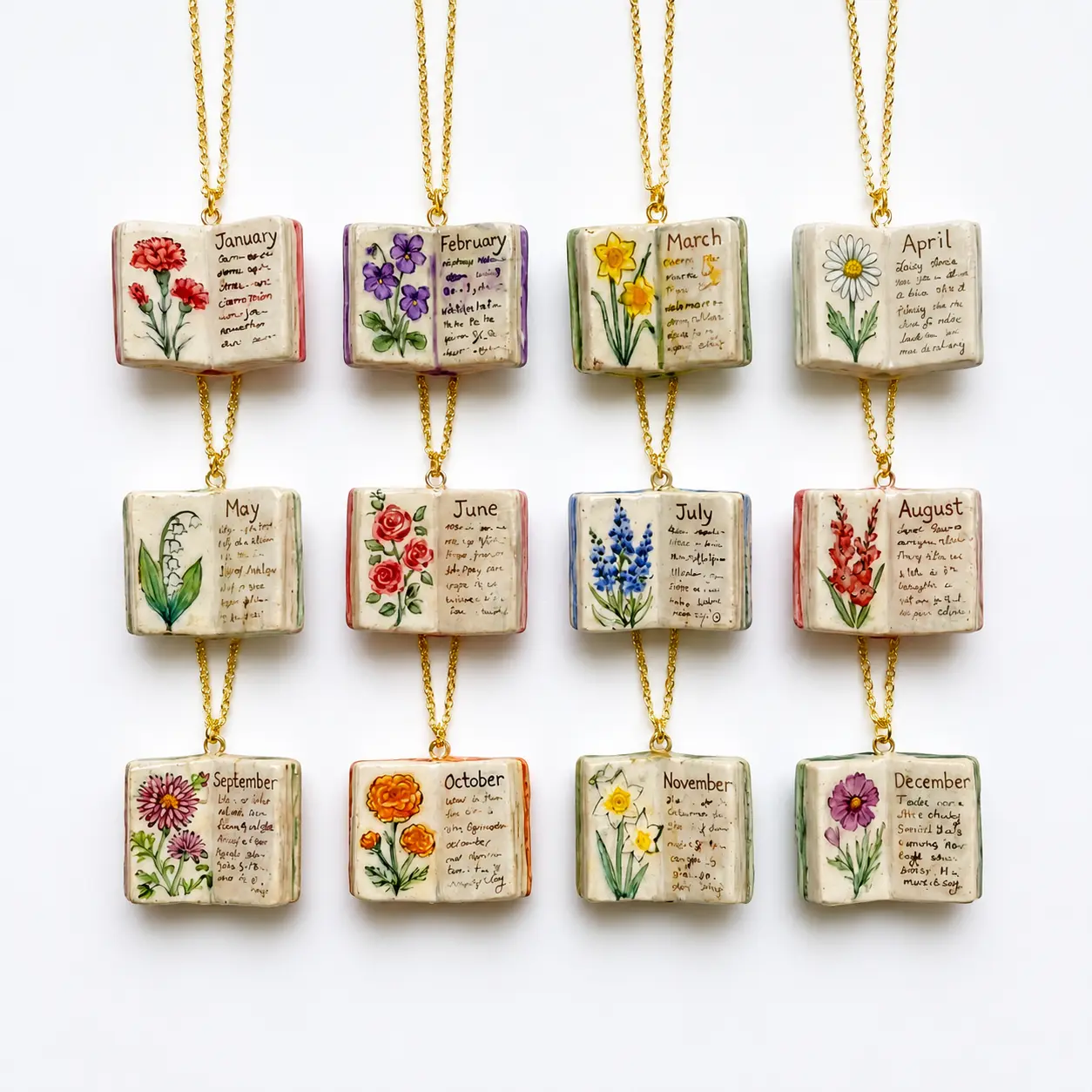 Birth Month Flower Book Pendant Necklace, Vintage Botanical Floral Charm, Personalized Monthly Jewelry, Minimalist Gold Chain Accessory, Unique Birthday Gift for Women, Teens & Her