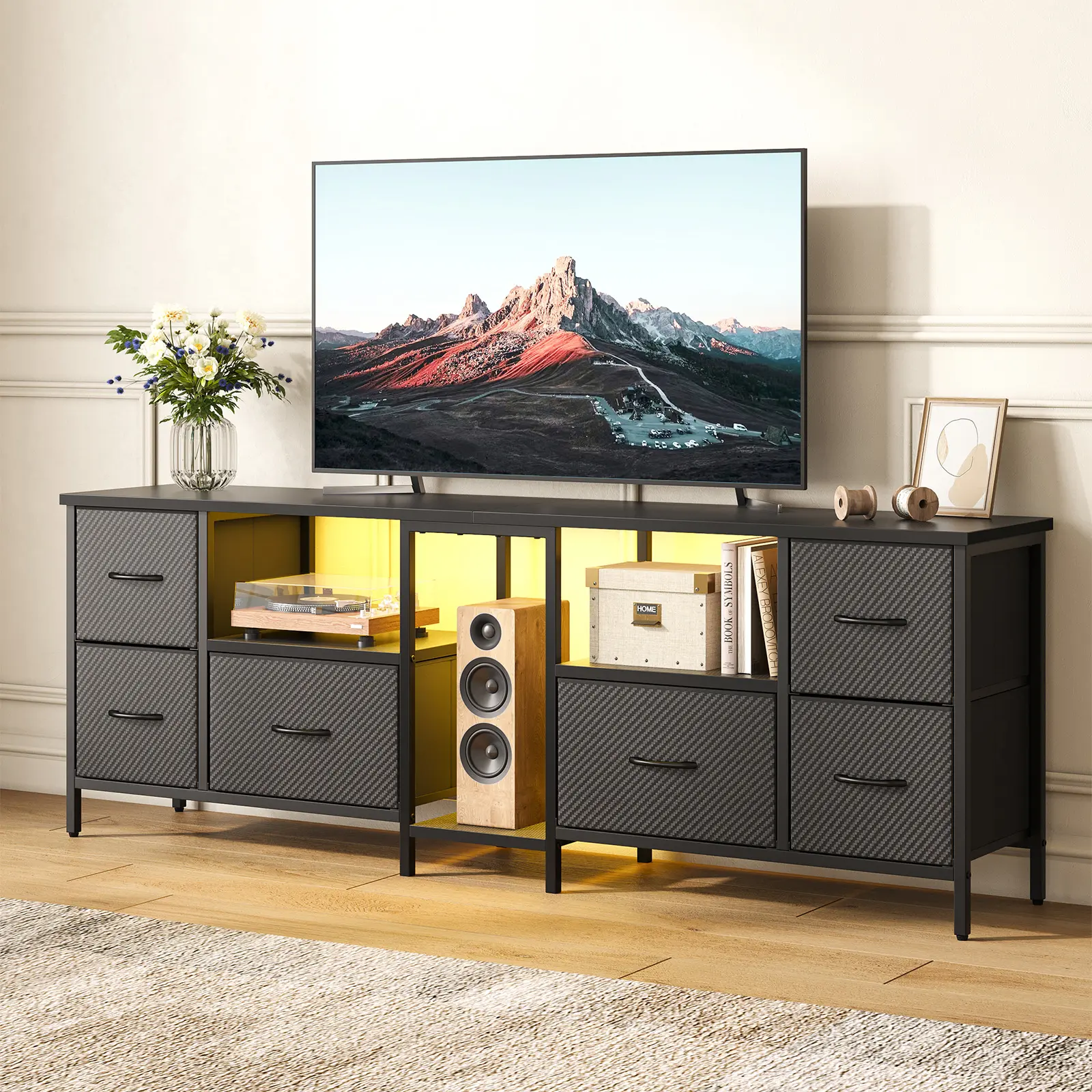 Bestier 63 Inch RGB LED TV Stand with 6 Fabric Storage Drawers, Carbon Fiber Top Metal Frame Media Console, Remote Color Changing Lights, Entertainment Center Fits Up to 70 Inch TV for Gaming Room & Bedroom Apartment