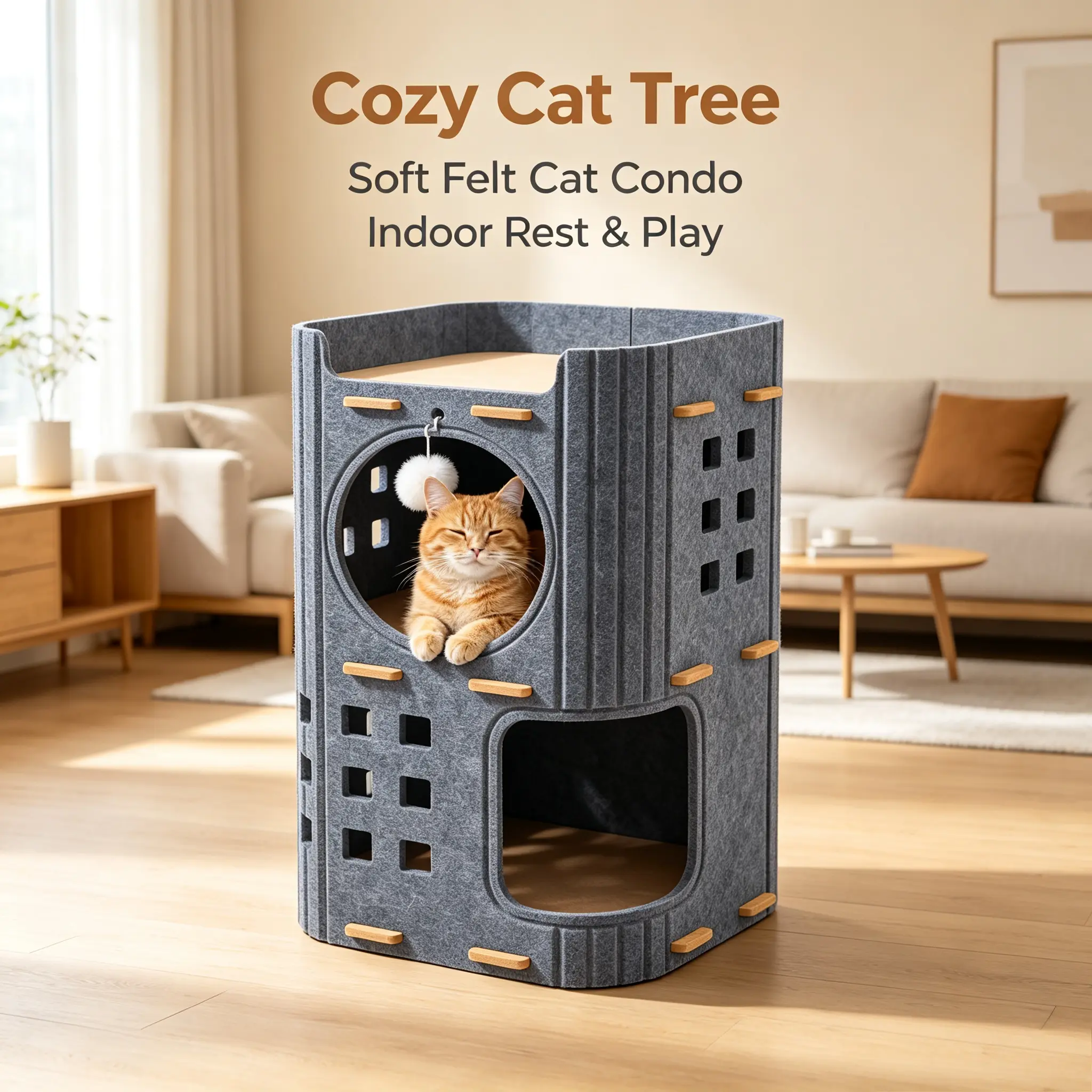 3 Tier Wear Resistant Felt Cat Condo Tower, Multi Vent Window Hideaway with Dual Caves, Top Lounge, Wooden Steps & Pom Pom Toy, Easy Detachable Assembly Space Saving Indoor Cat Play House for Kittens, Adult Ragdoll, Orange Tabby & Multi Pet Family