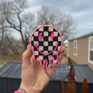 Car Freshie DROPPY SMILEY with Unique Checkerboard Design and Pink Drip Accents for Car Aromatherapy