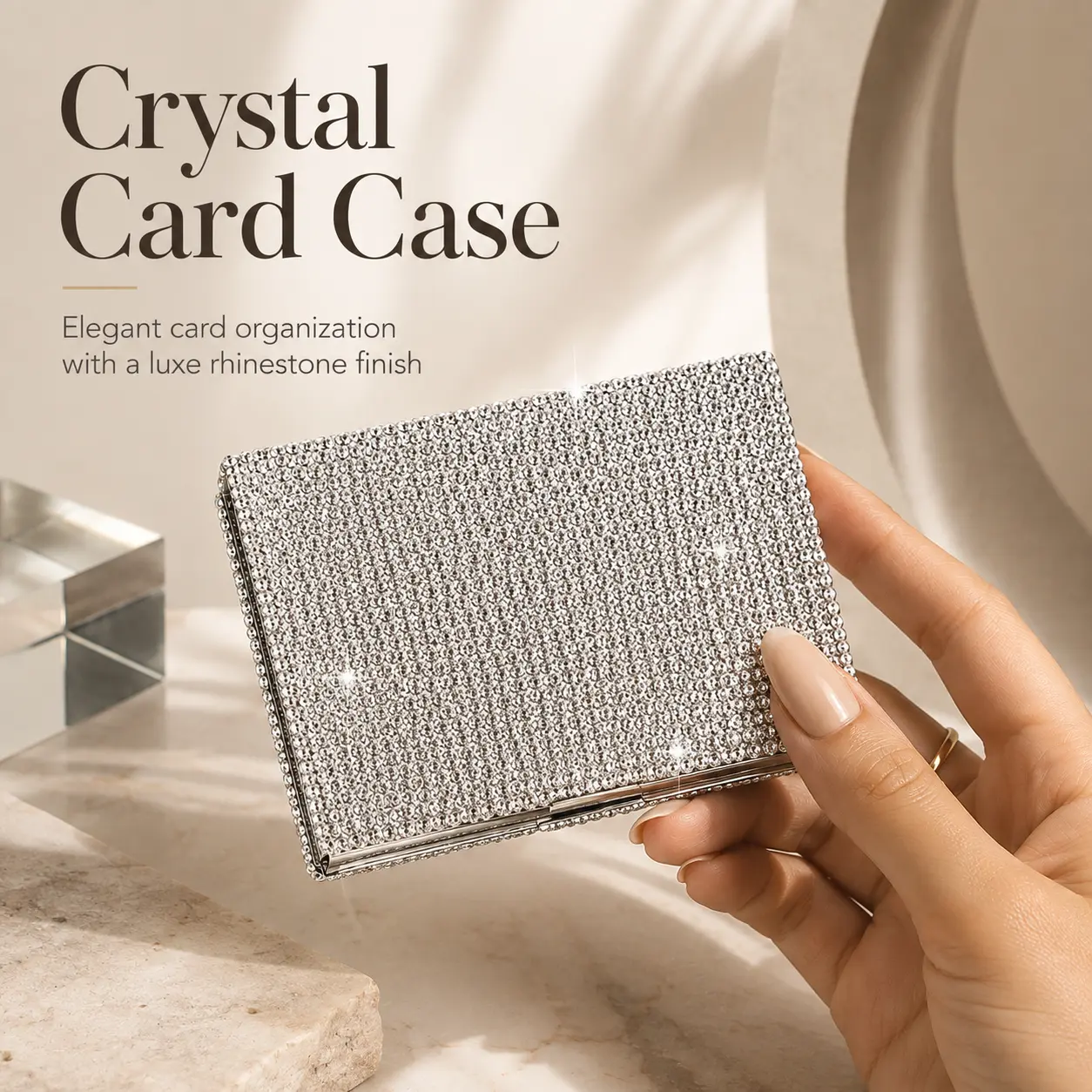 Bling Rhinestone Card Holder for Women, Slim Aluminum Credit Card Case with Accordion Slots, Sparkly ID Business Card Holder for Purse, Pocket & Car