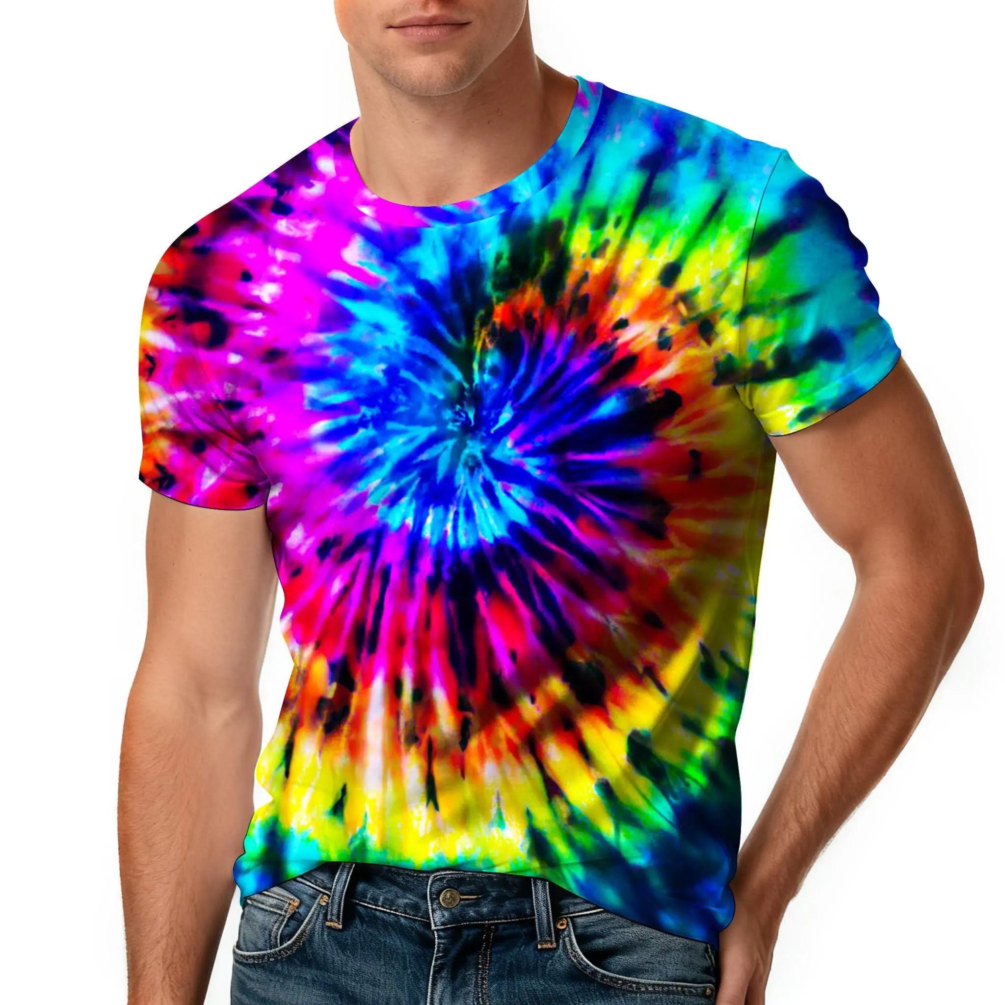 Rainbow Tie-Dye T-shirt with Vivid Full Body Print, Unisex Shortsleeve Streetwear Top in Soft Breathable Fabric for Casual Wear & Festivals, Tshirt, Relaxed Cut, Complete Sizes