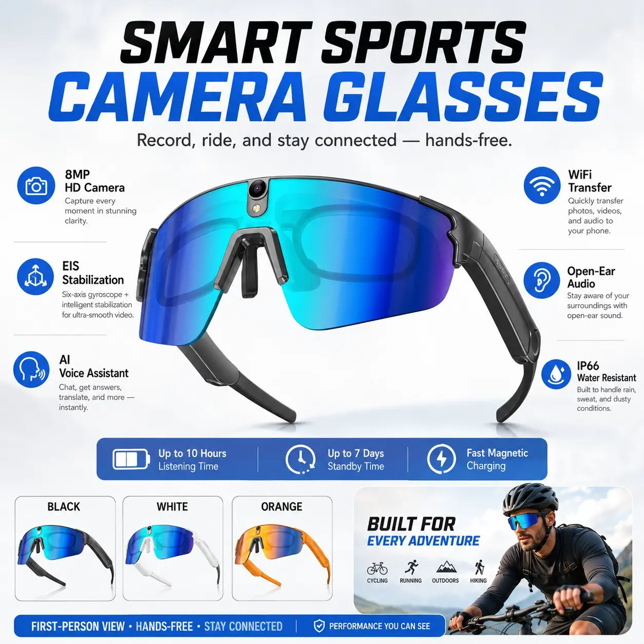 Ai Smart Sport Sunglasses with HD 32mp Camera, 1200p Video Recording, Bluetooth-compatible 5.4, Ideal for Cycling, Golf, Running, Driving, Wireless Smart Glasses, Smart Sports Glasses, Smart Eyewear, Smart Audio Glasses