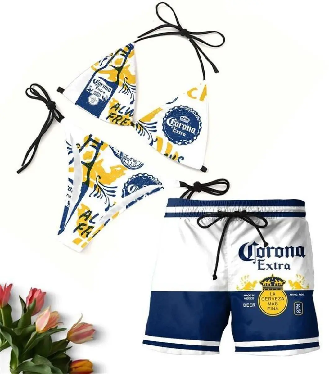 Matching Corona Extra Swimwear Set for Couples – Swim Bra & Tie Side Thong Bikini + Men's Beach Shorts, Summer Vacation