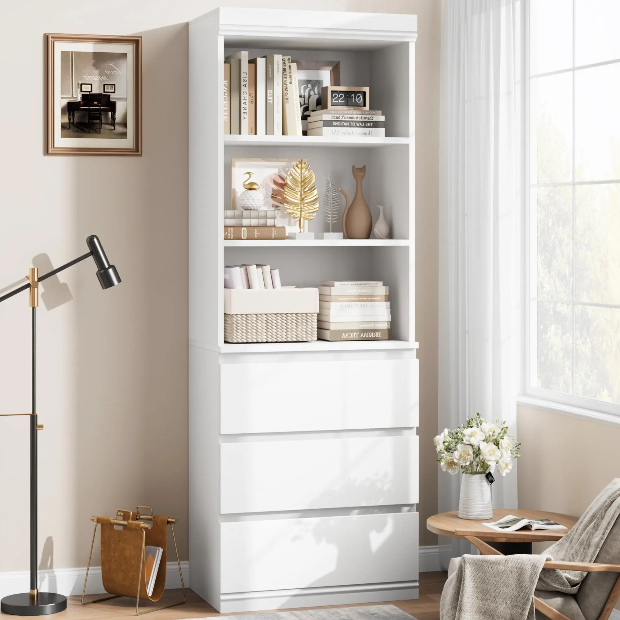 Garvee 70" Tall Wooden Bookcase with 3 Storage Drawers and 3 Open Shelves, Deep and Modern Design, Ideal for Living Room, Office, Library, Kitchen, or Home Study, Available in Brown and Black