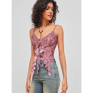 Women's Cider Sleeveless Crop Cami Top, Casual Sleeveless Crop, V-neck, Floral, Tie Front Bow, Lace Ruffle Hem, Size 2-10, Womenswear